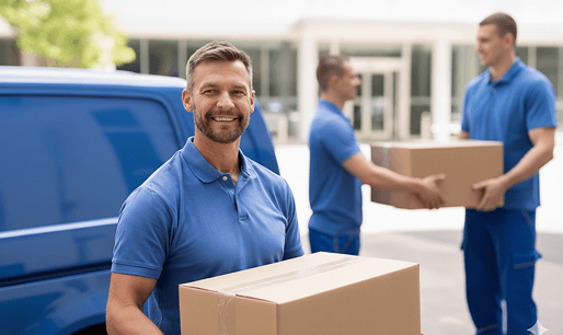 Boldog futár csomagokat szállít kisbusz mellett.